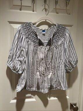 Old Navy Black and White Striped Smocked Peasant Blouse
